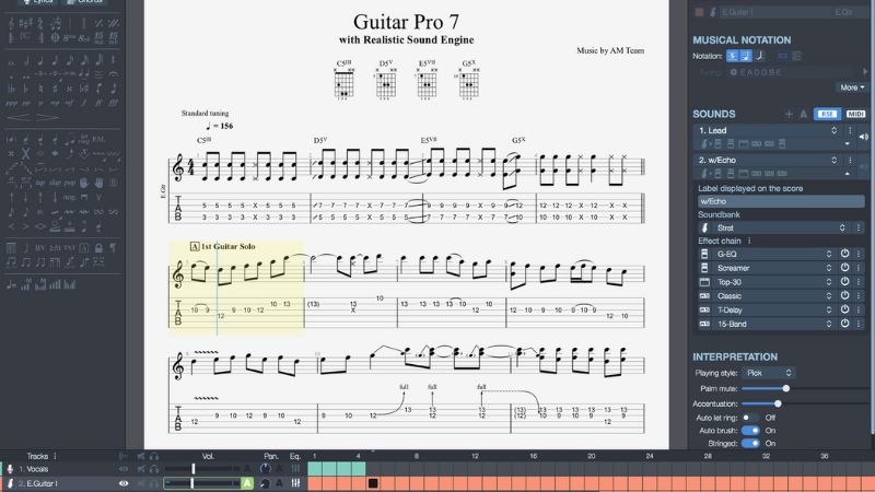 Guitar Pro 7.5.5 hỗ trợ soạn tablature, phối nhiều track, SoundBank nâng cấp, import MIDI và luyện tập với tempo linh hoạt.