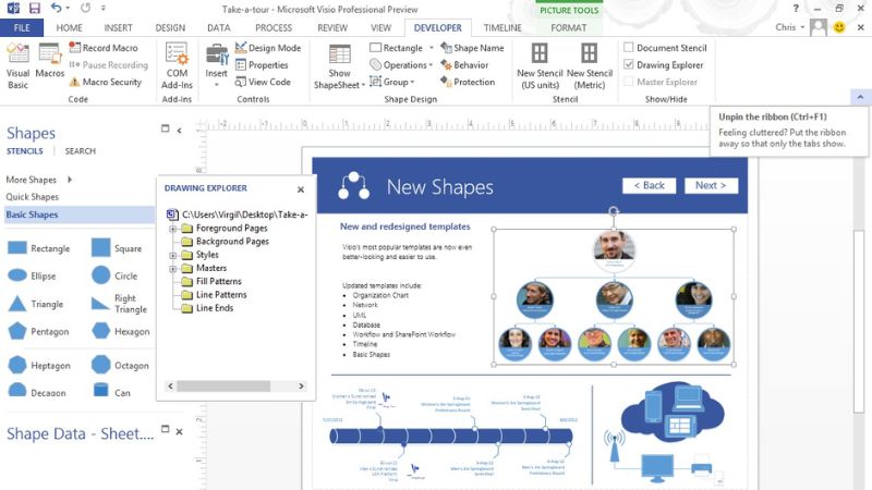 Microsoft Visio 2013 giúp thiết kế sơ đồ chuyên nghiệp, tạo flowchart, sơ đồ tổ chức, sơ đồ mạng và trực quan hóa quy trình