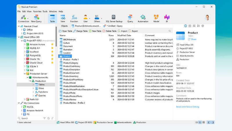 Navicat Premium là công cụ quản lý cơ sở dữ liệu đa nền tảng, hỗ trợ MySQL, SQL Server, Oracle, tối ưu hóa và đồng bộ dữ liệu hiệu quả