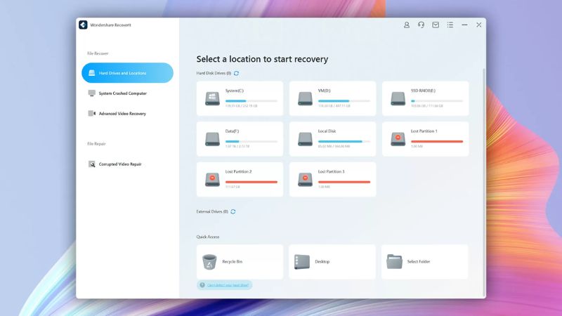 Wondershare Recoverit giúp khôi phục dữ liệu bị xóa, mất hoặc hỏng từ ổ cứng, USB, thẻ nhớ với khả năng quét sâu và xem trước file.